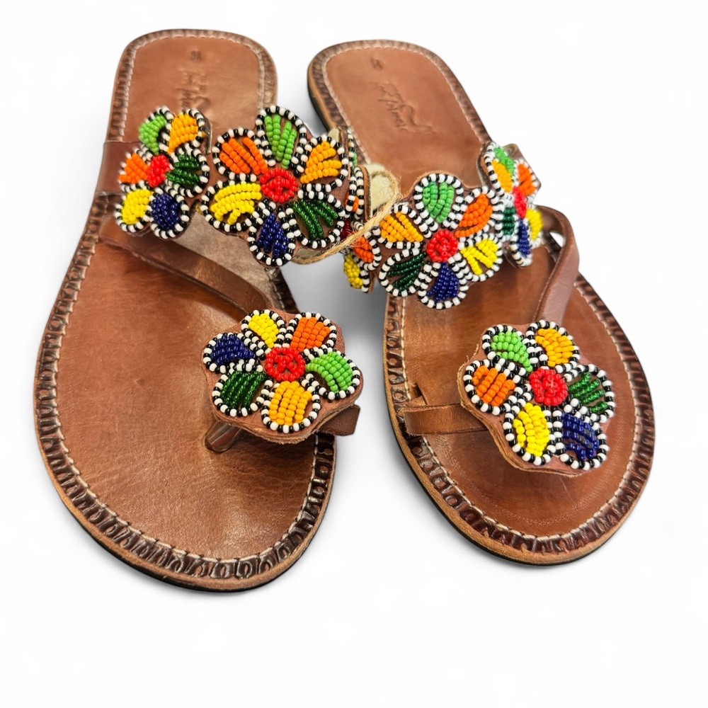 NWT East African Handmade Colorful Beaded Sandals - Size 8